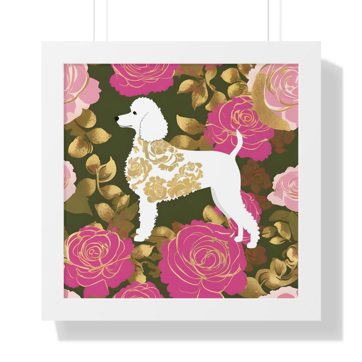 Vertical Poster - Stylish Framed - Art for Home Decor - Damask White Poodle & Pink Roses