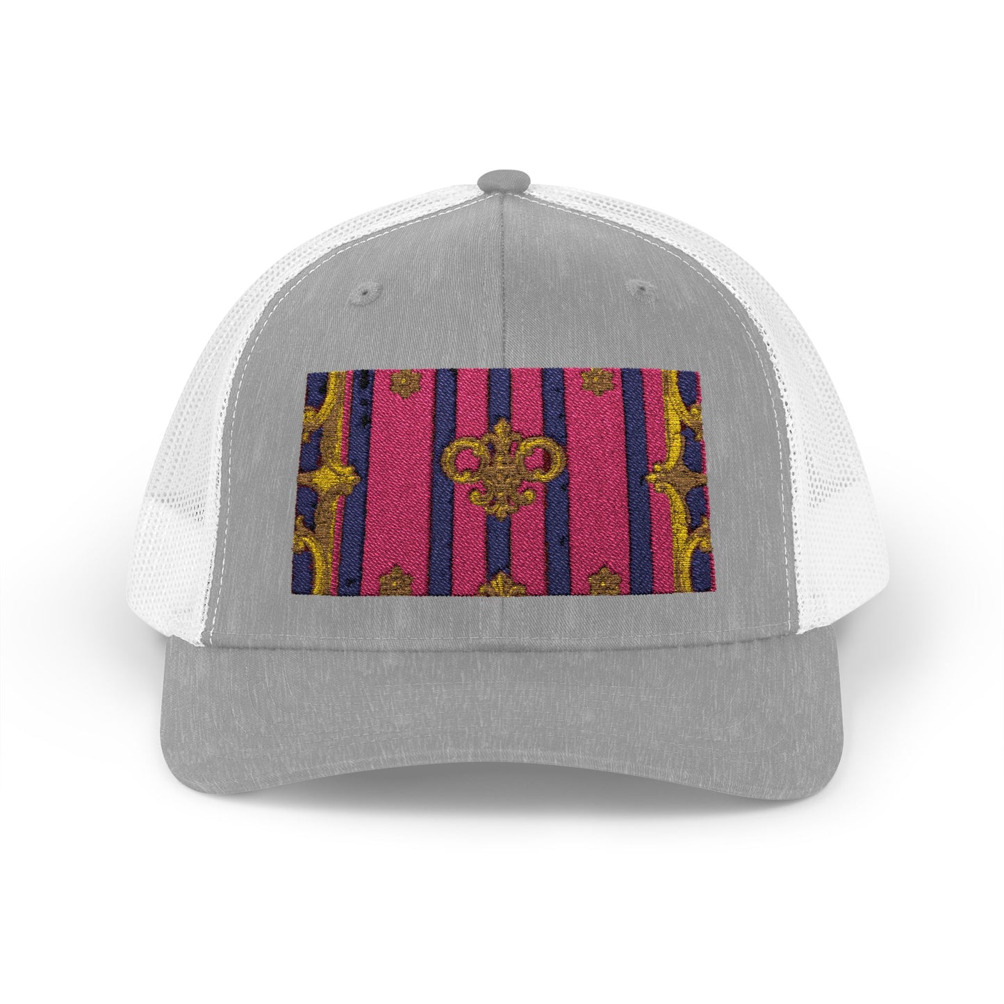 Vibrant Snapback Trucker Cap, Stylish Outdoor Hat, Trendy Fashion Accessory, Gift for Him or Her - Pink Striped Gold Baroque