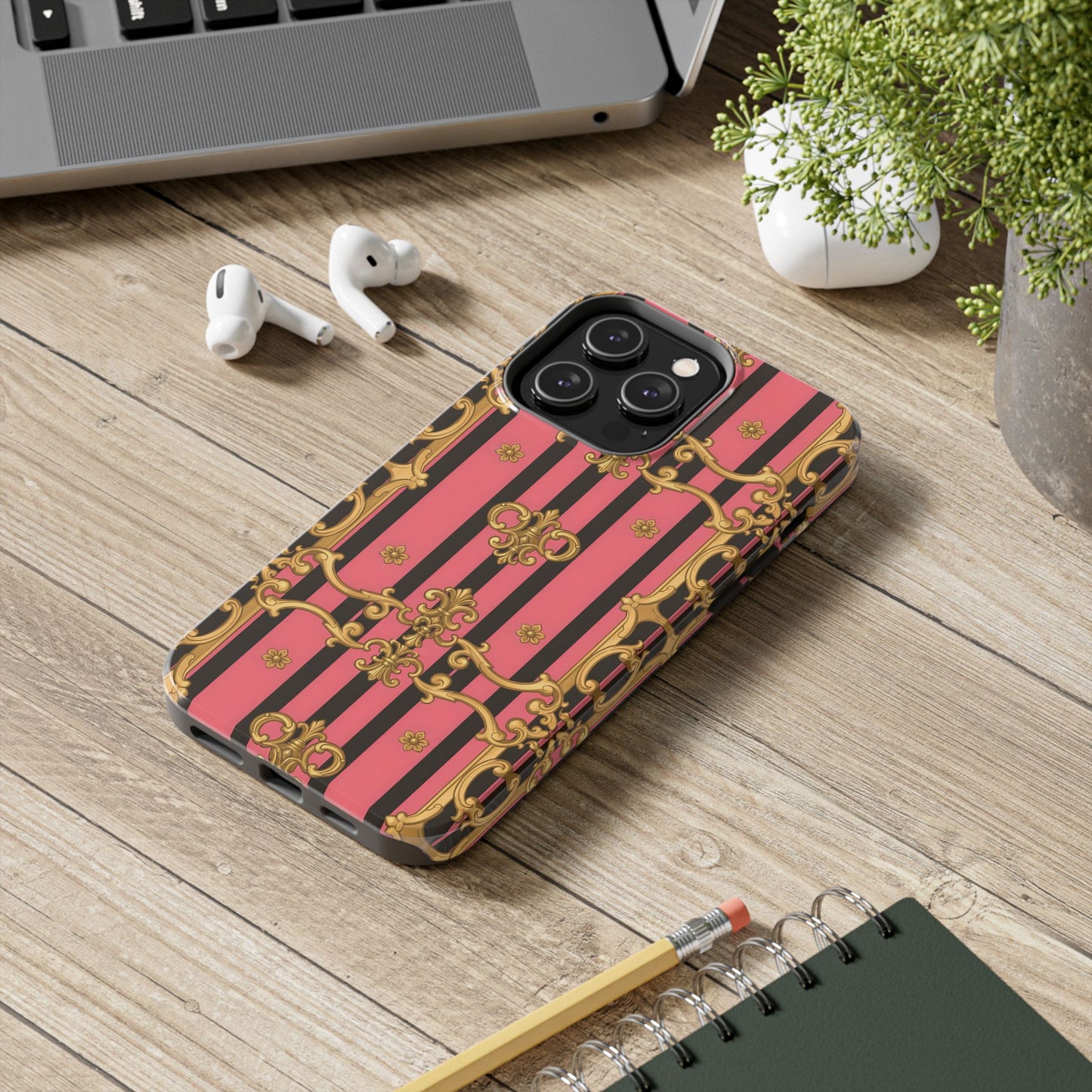 Elegant Baroque Tough Phone Cases, Stylish Protection, Gift for Her, Trendy Accessory - Pink & Black Striped Gold Baroque