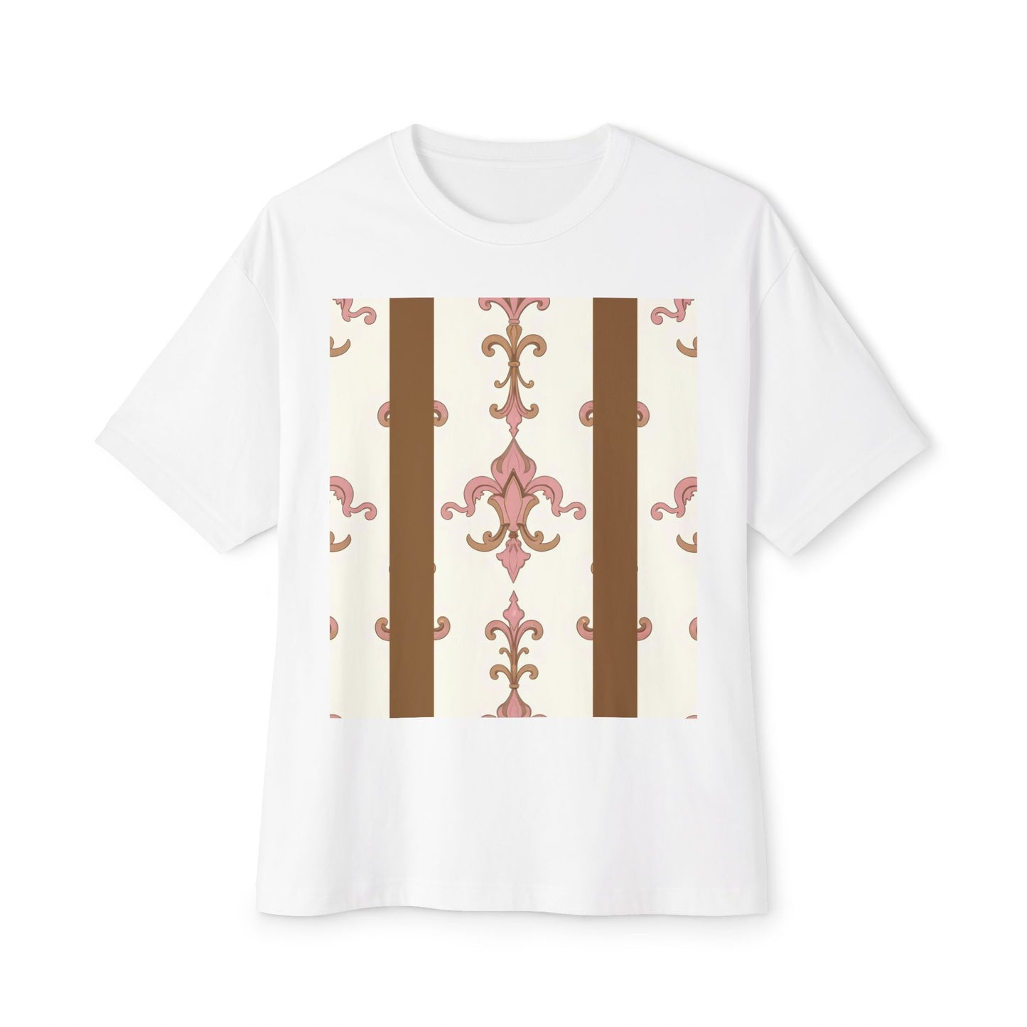 Chic Floral Boxy Tee, Oversized Unisex Tee, Casual Style Shirt, Summer Fashion Top, Gift for Trendsetters - Brown Striped Pink Arabesque
