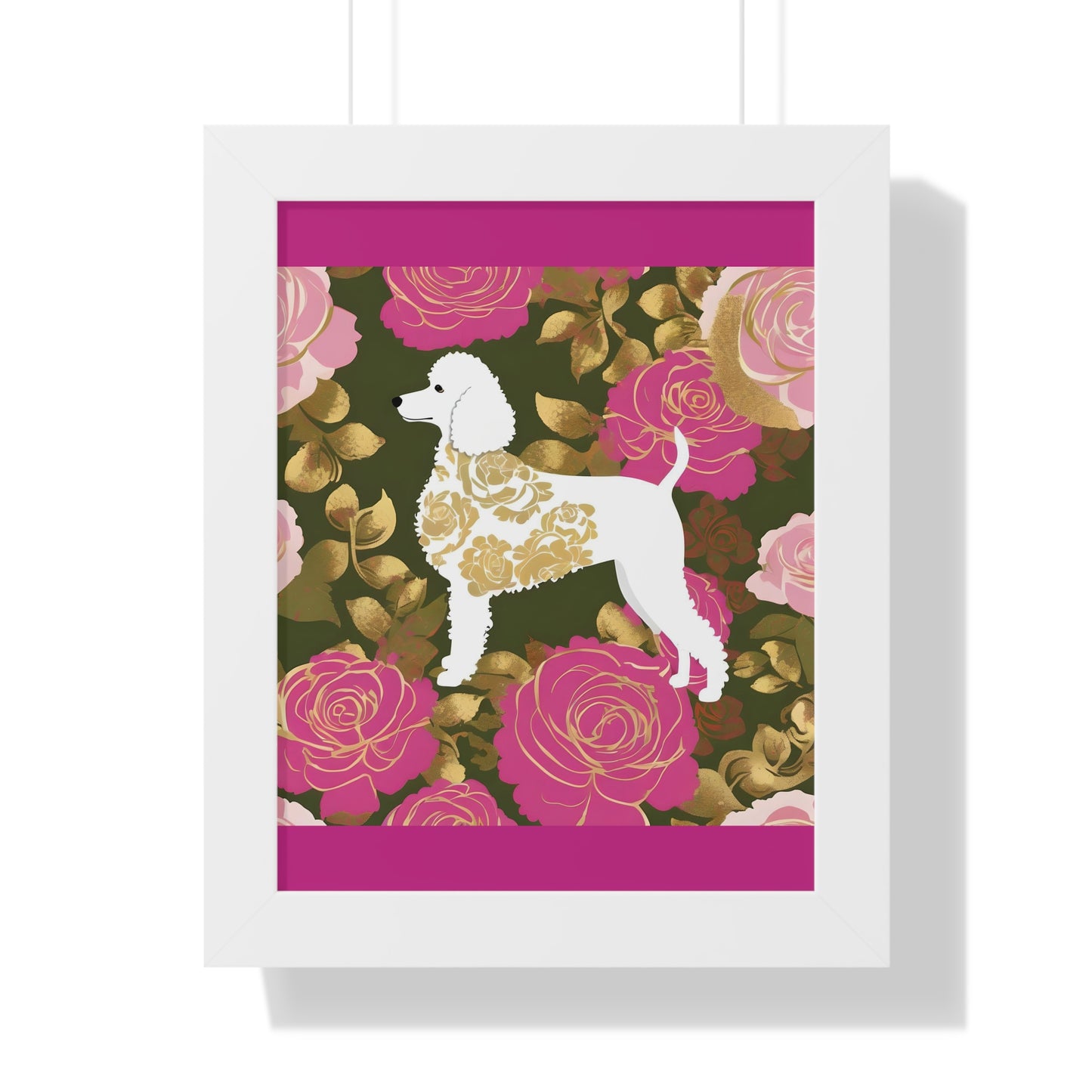 Vertical Poster - Stylish Framed - Art for Home Decor - Damask White Poodle & Pink Roses