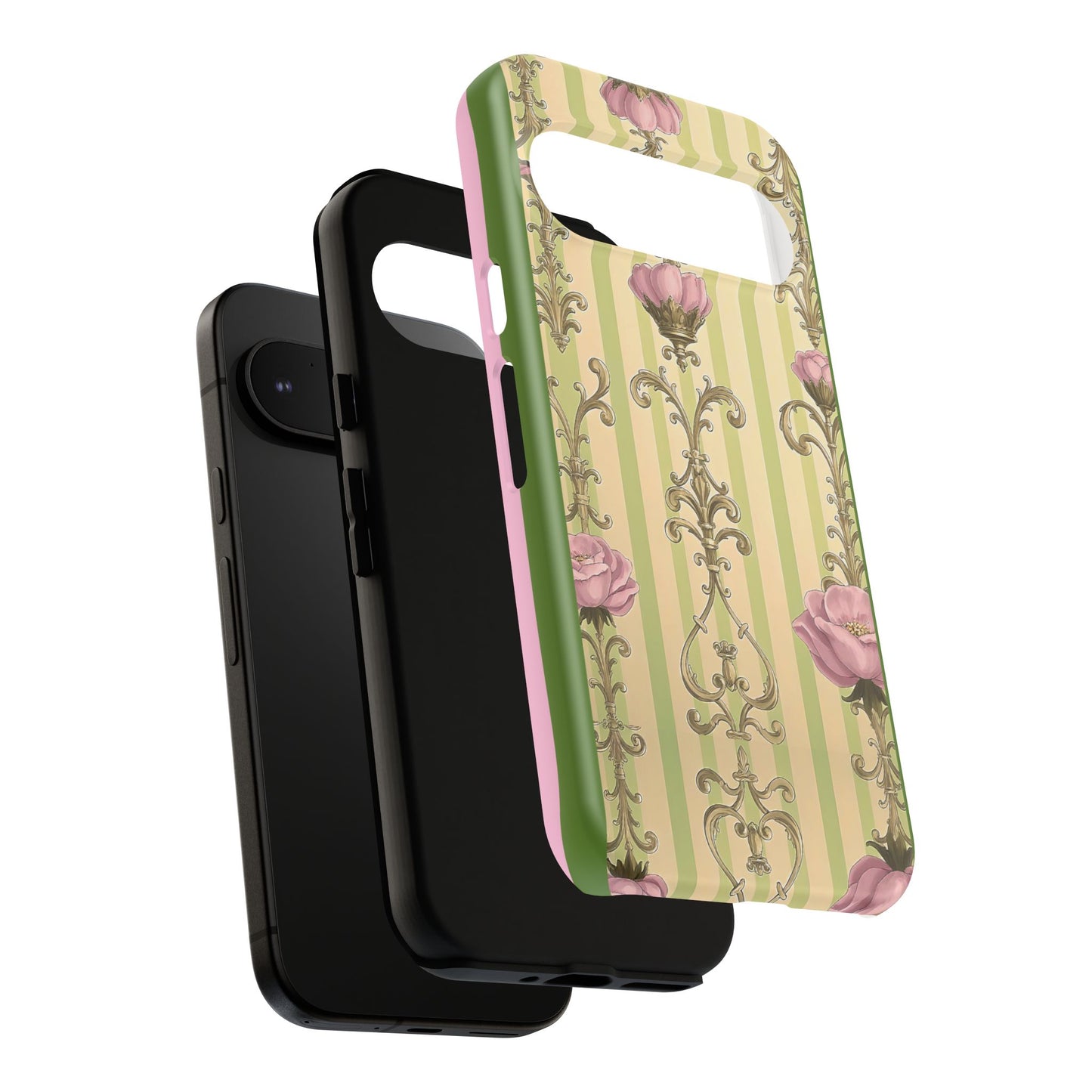 Elegant Floral Motif Phone Case - Tough Cases with Vintage Design - Lime Green & Pink Striped Damask