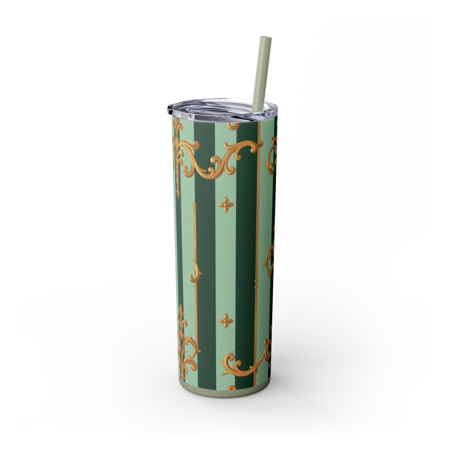 Elegant Floral Skinny Tumbler with Straw, 20oz – Stylish Travel Mug, Eco-Friendly Reusable Cup - Mint Green & Teal Striped Gold Baroque