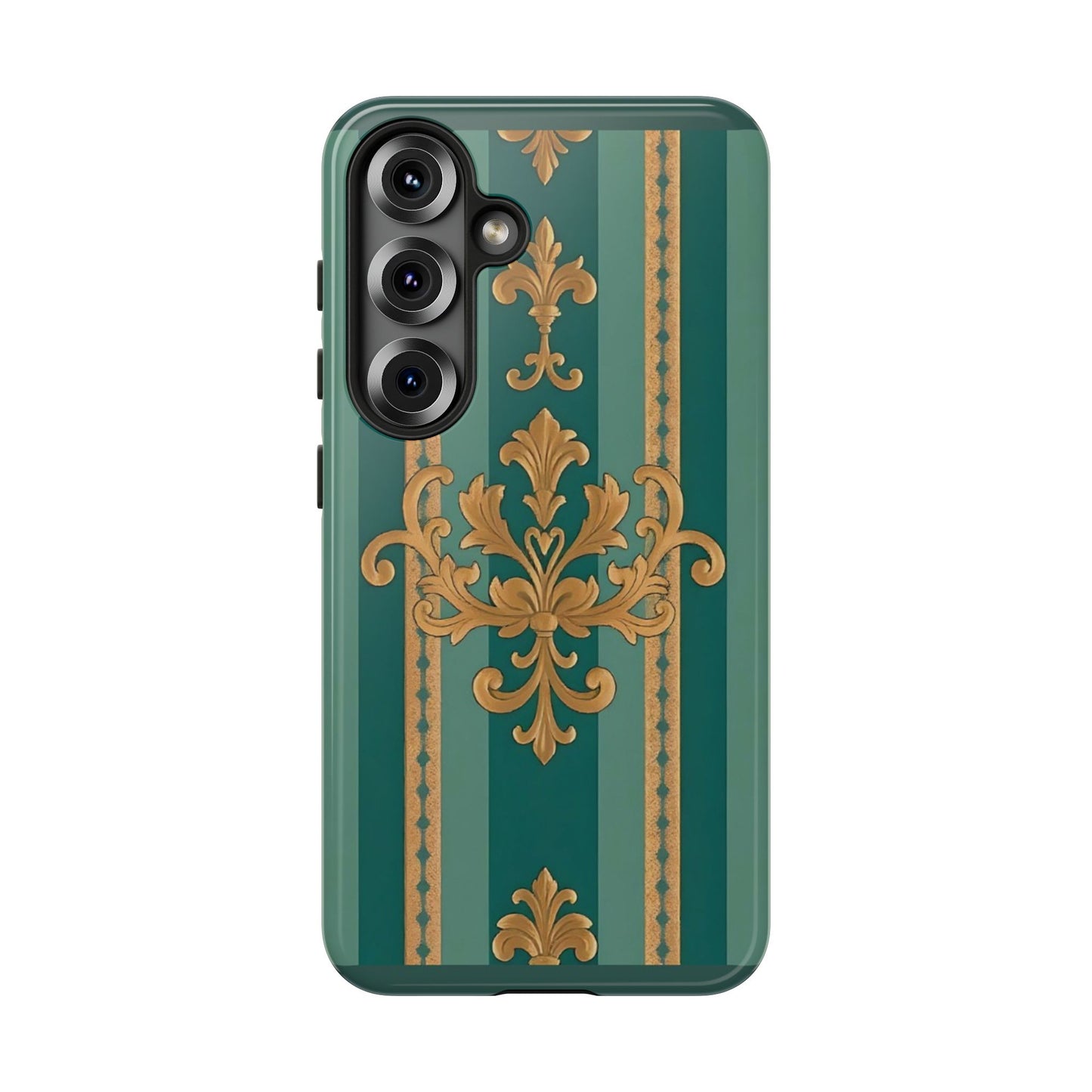 Elegant Floral Motif Phone Case - Tough Cases with Vintage Design - Teal Striped Gold Damask