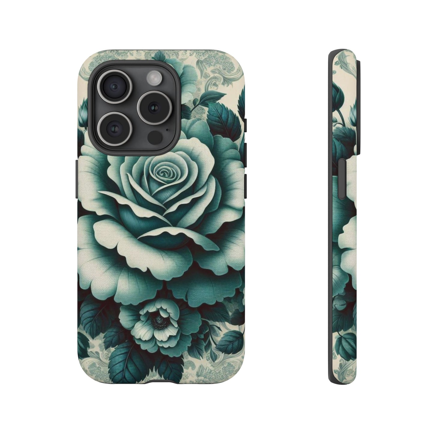 Elegant Floral Motif Phone Case - Tough Cases with Vintage Design - Teal Roses & Damask