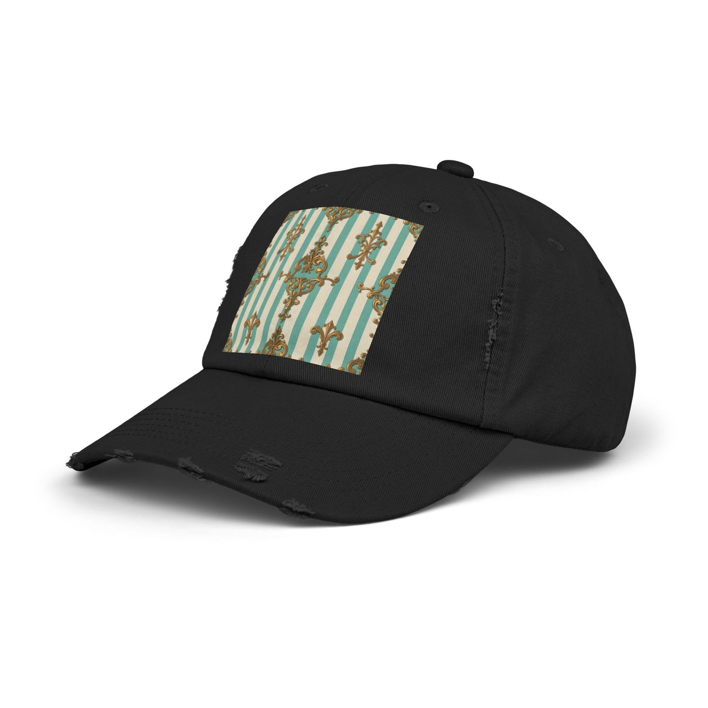 Stylish Unisex Distressed Cap with Vintage Pattern, Casual Hat for Everyday Wear, Gift for Birthdays - Matte Green Striped Rococo