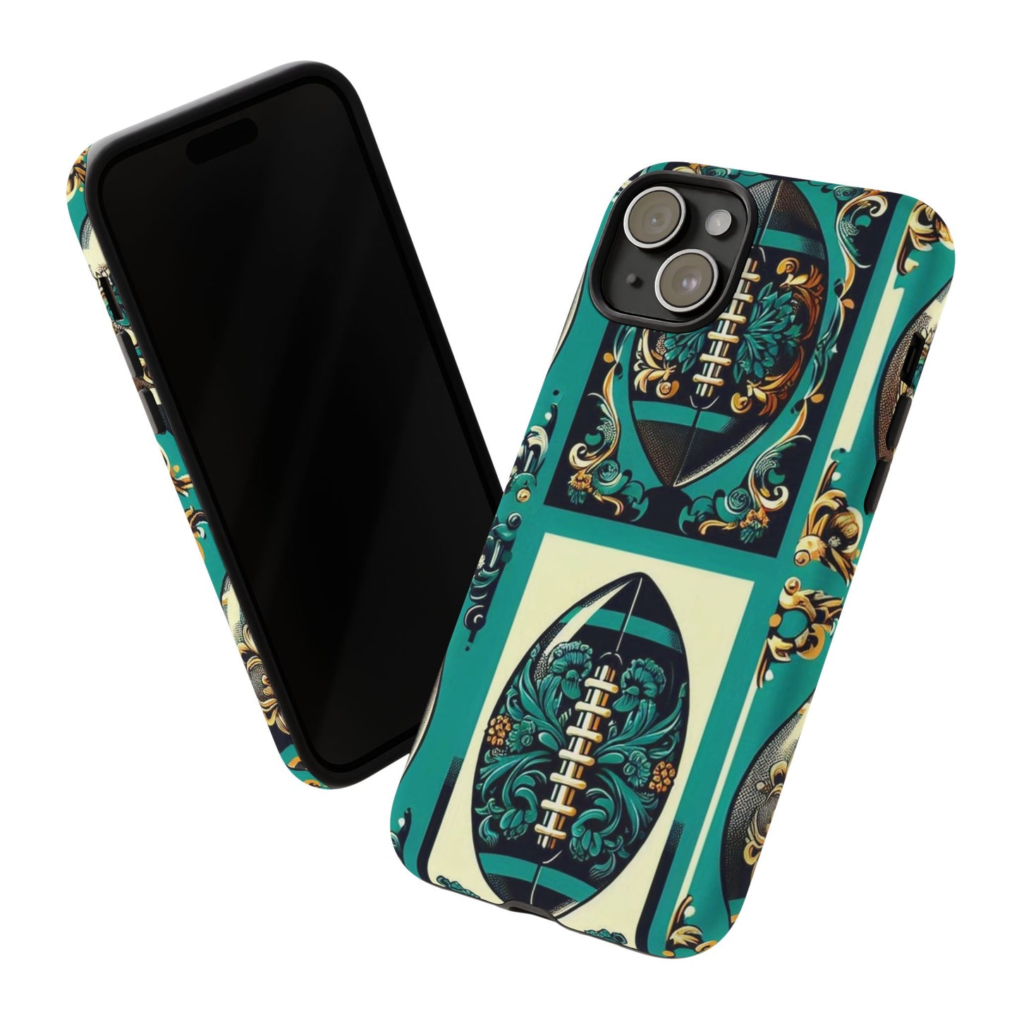 Elegant Floral Motif Phone Case - Tough Cases with Vintage Design -  Damask Teal, Gold & Black Footballs