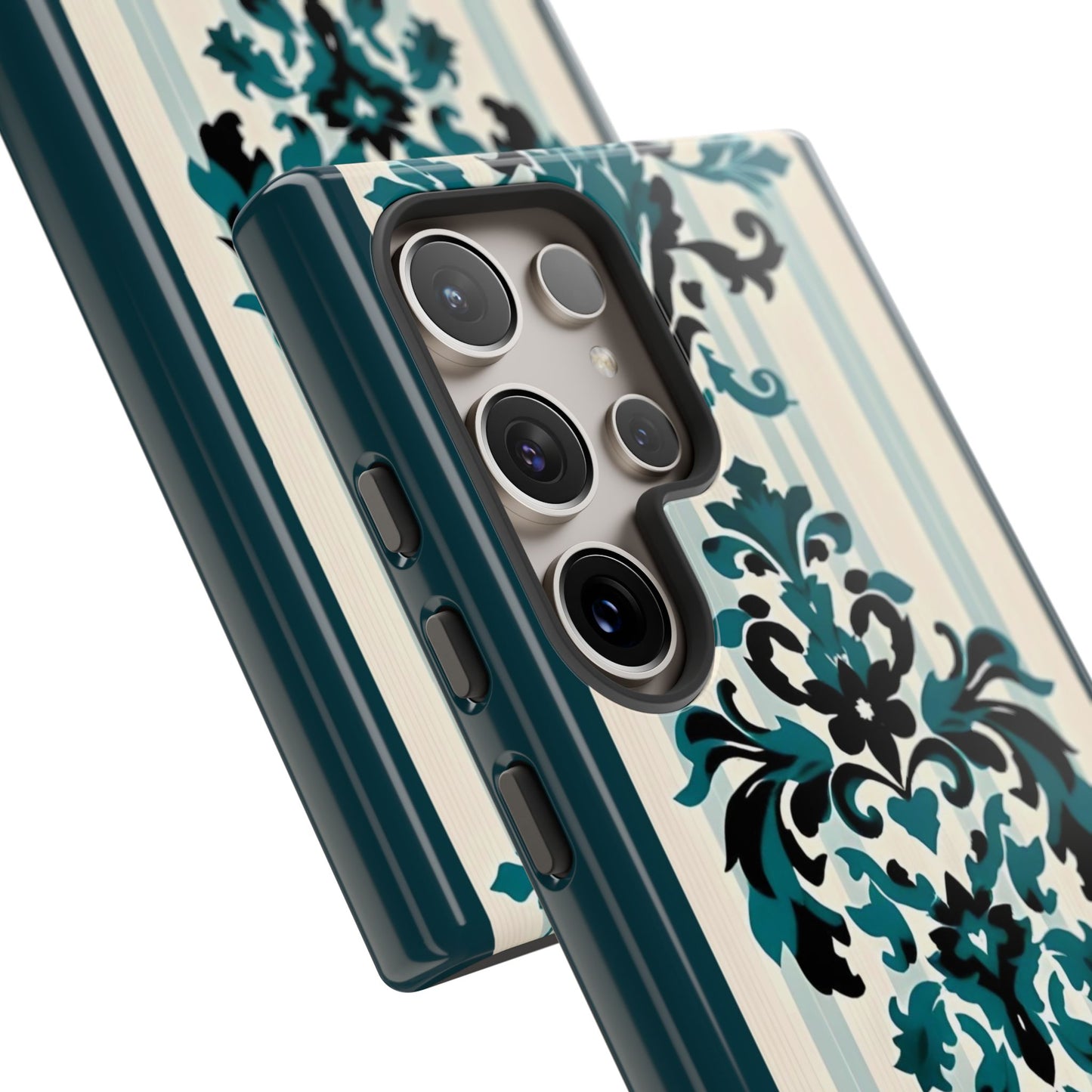 Elegant Floral Phone Case - Tough Cases with Vintage Design - Teal Striped Damask