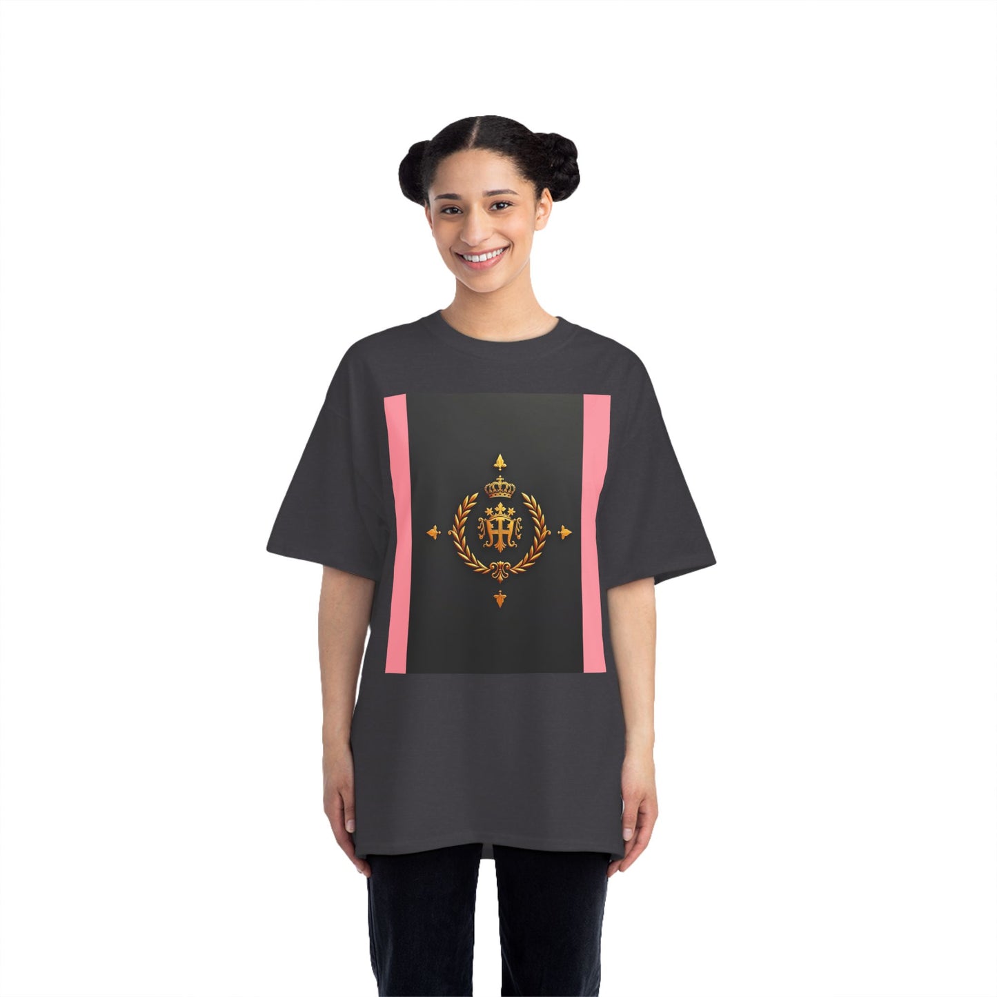 Short-Sleeve Graphic T-Shirt, Stylish Casual Wear, Trendy Gift for Friends, Summer Fashion, Statement Tee, Everyday Comfort - Pink Striped Gold Crest