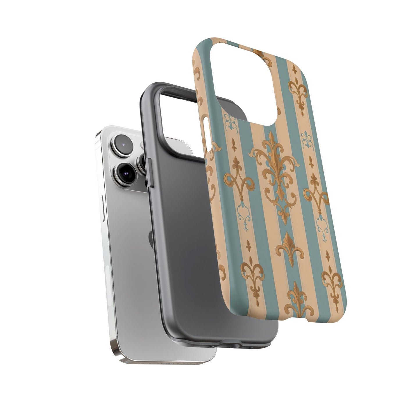 Elegant Floral Motif Phone Case - Tough Cases with Vintage Design -  Beige & Sky Blue Striped Gold Damask