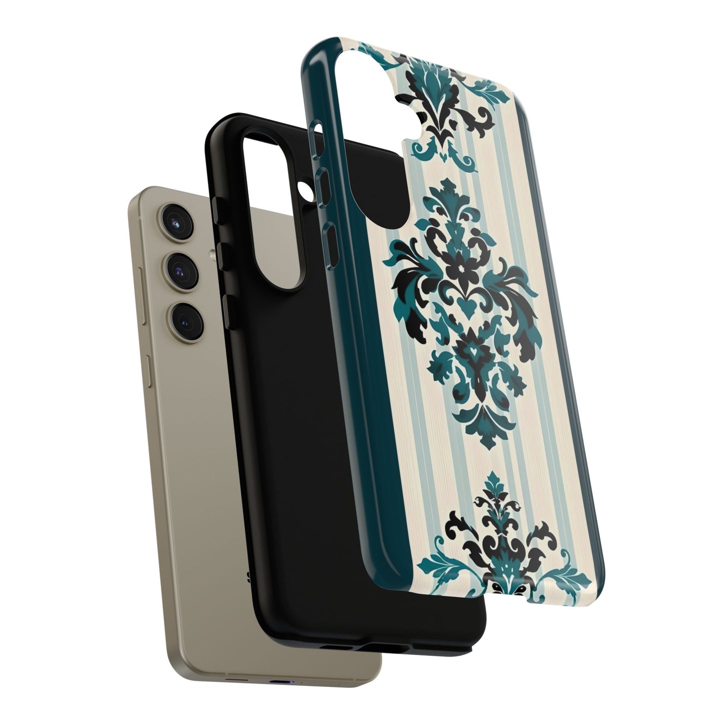 Elegant Floral Phone Case - Tough Cases with Vintage Design - Teal Striped Damask