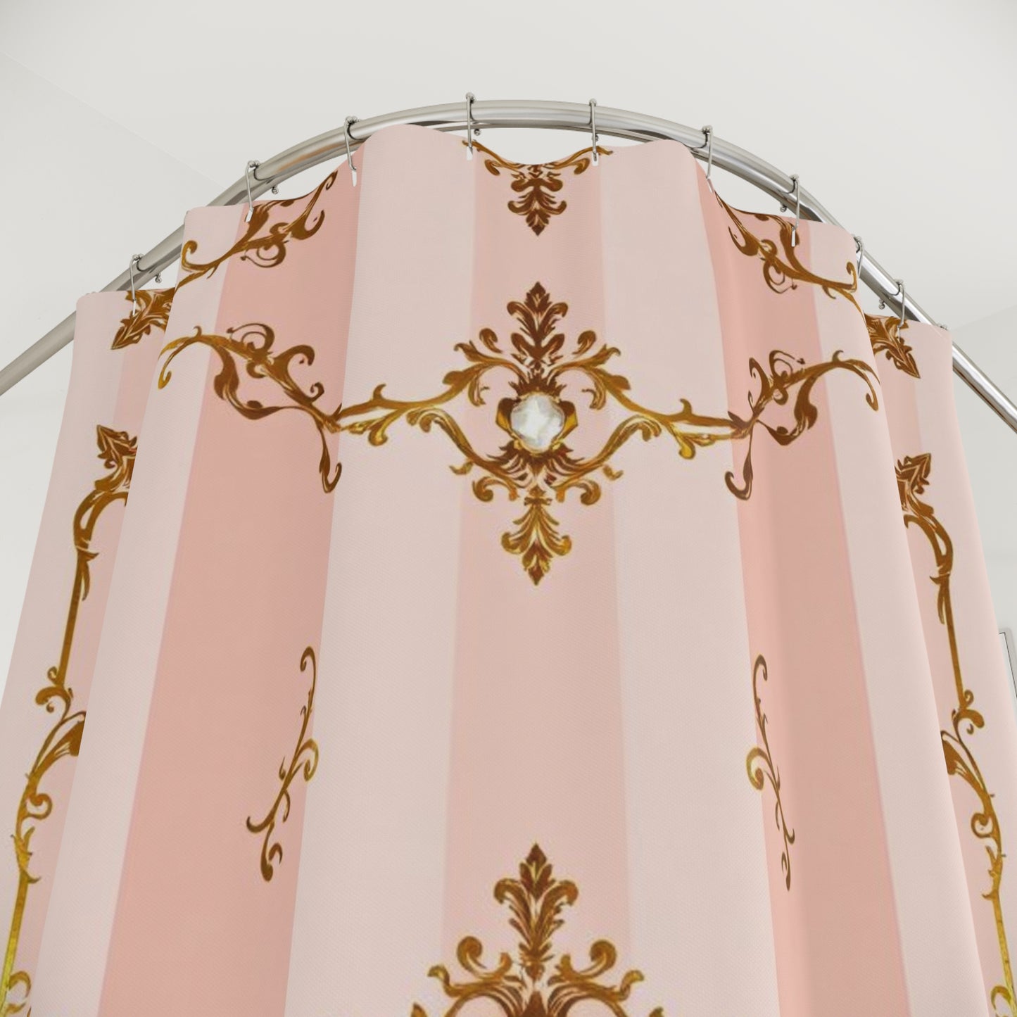 Elegant Vintage Floral Shower Curtain - Pink Jeweled Striped Gold Baroque Design