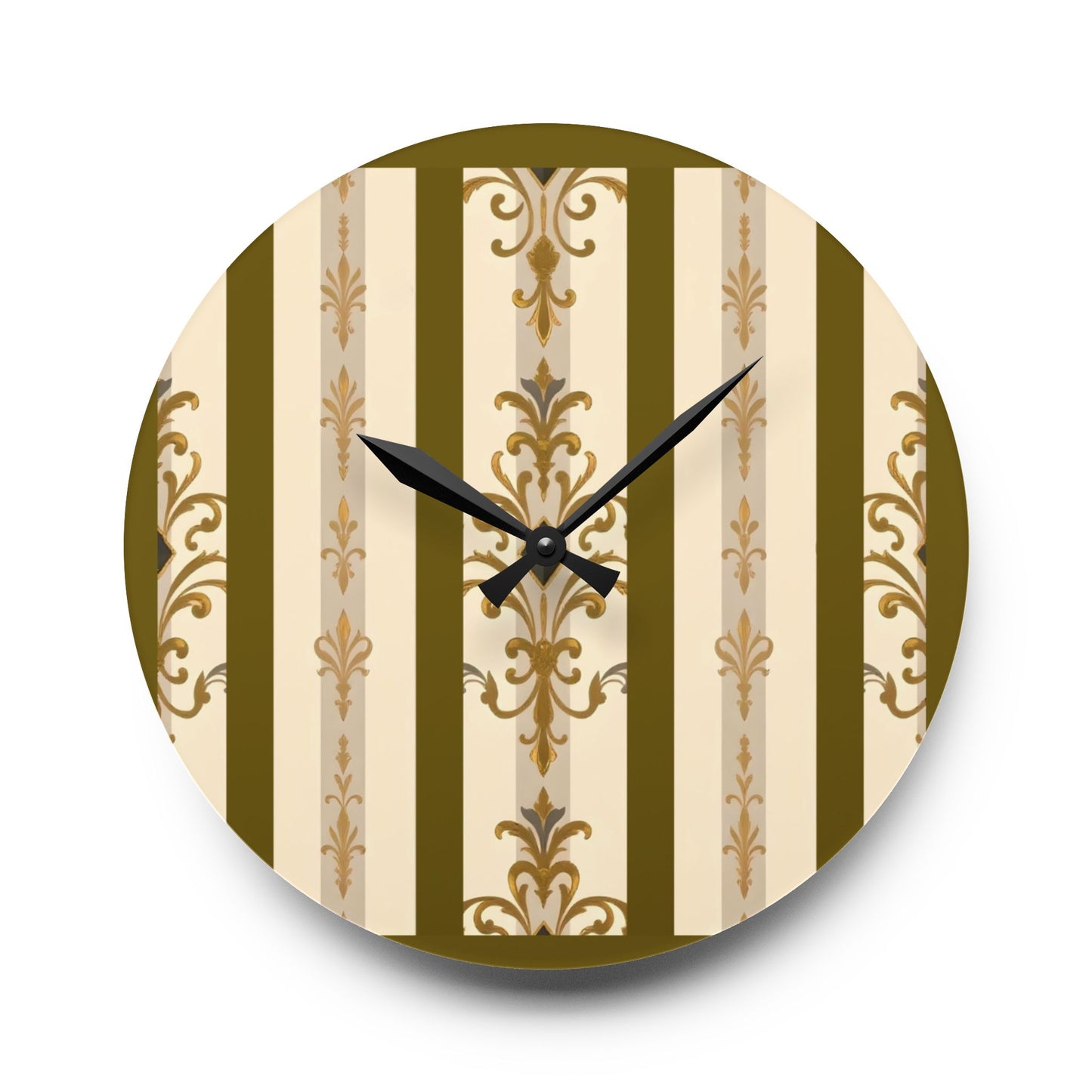 Bohemian Damask-Inspired Acrylic Wall Clock with Floral Design - Olive Striped Gold Damask