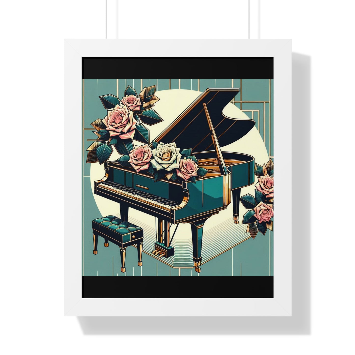 Vertical Poster - Teal Grand Piano & Roses Wall Art