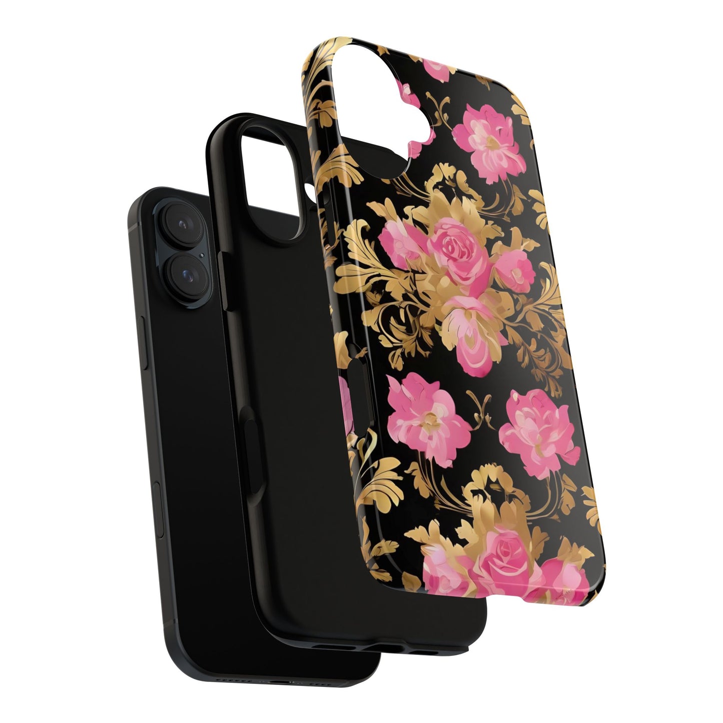 Elegant Floral Motif Phone Case - Tough Cases with Vintage Design - Pink & Gold Roses