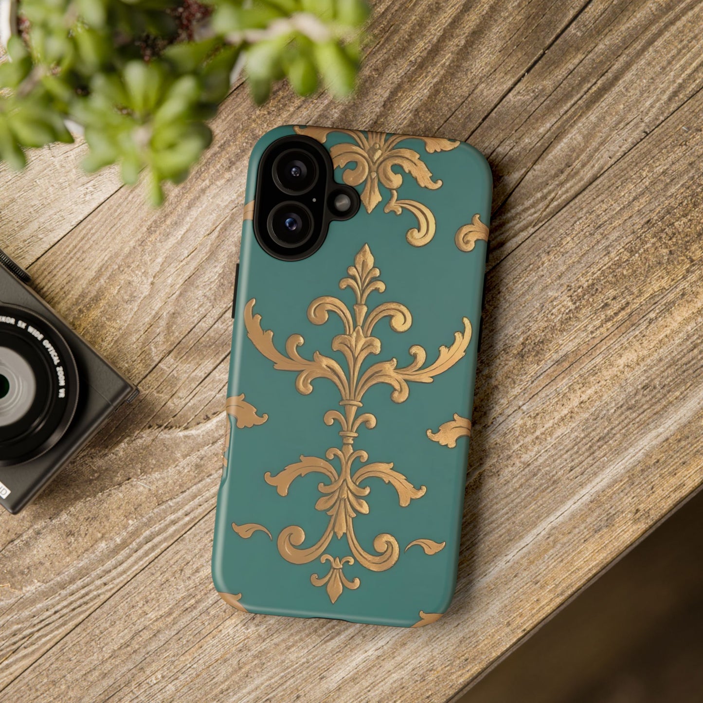 Elegant Floral Motif Phone Case - Tough Cases with Vintage Design - Aqua & Gold Damask