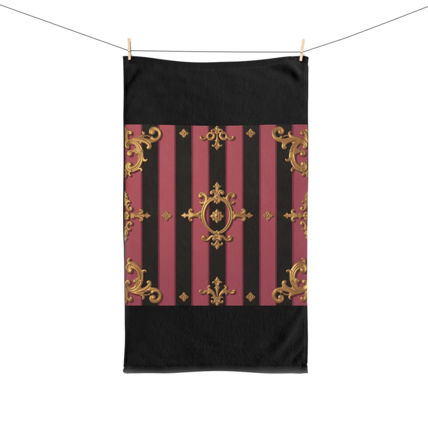 Elegant Black & Mauve Striped Gold Baroque Hand Towel, Shower Gift, Bathroom Decor, Home Textile, Unique Kitchen Towel