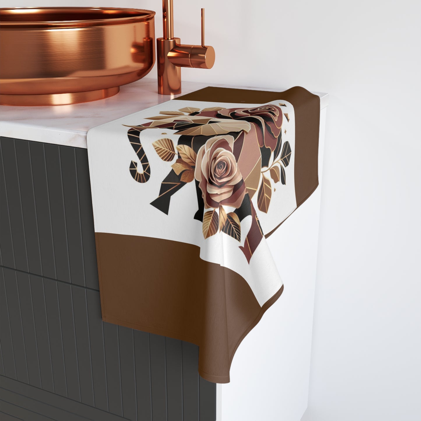 Hand Towel - Elegant Floral Roses & Elephant Design - Brown & Gold Home Decor & Gifts