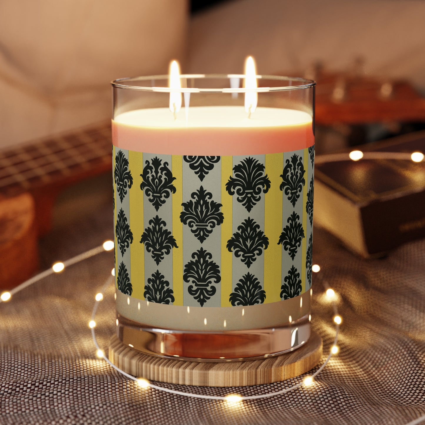 Elegant Black & Gold Scented Candle - 11oz Glass, Home Decor, Gift for Her, Aromatherapy, Relaxation - Silver & Gold Striped Black Baroque