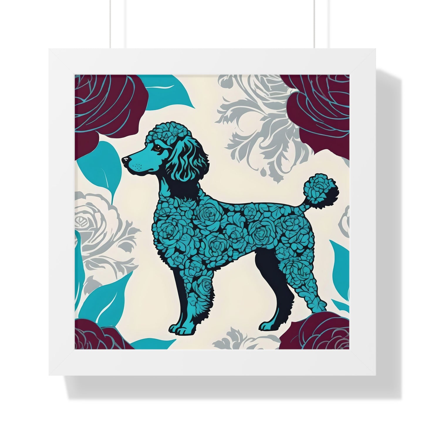 Vertical Poster - Stylish Framed - Art for Home Decor - Rose Inspired Turquoise Poodle With Burgundy Roses