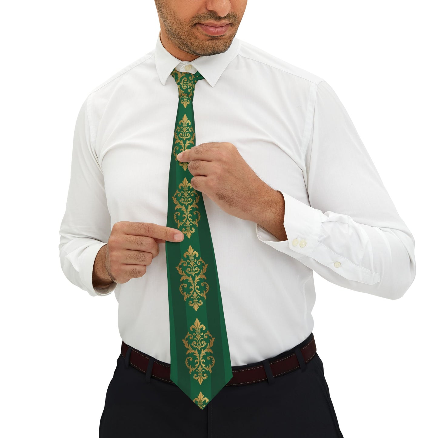 Green Striped Baroque Tie with Gold Baroque Pattern — Classic Formal Necktie
