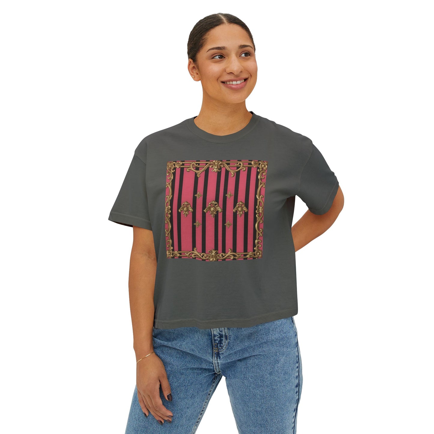 Chic Women's Boxy Tee with Vintage Floral Design, Casual Top, Summer Outfit, Gift for Her, Everyday Wear, Stylish Tee - Pink Striped Gold Rococo