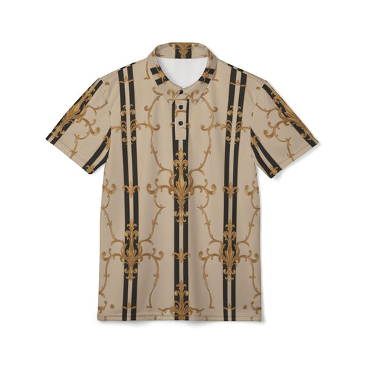Stylish Unisex Polo Shirt with Golden Baroque Design, Casual Elegance for Men and Women - Black & Beige Striped Damask
