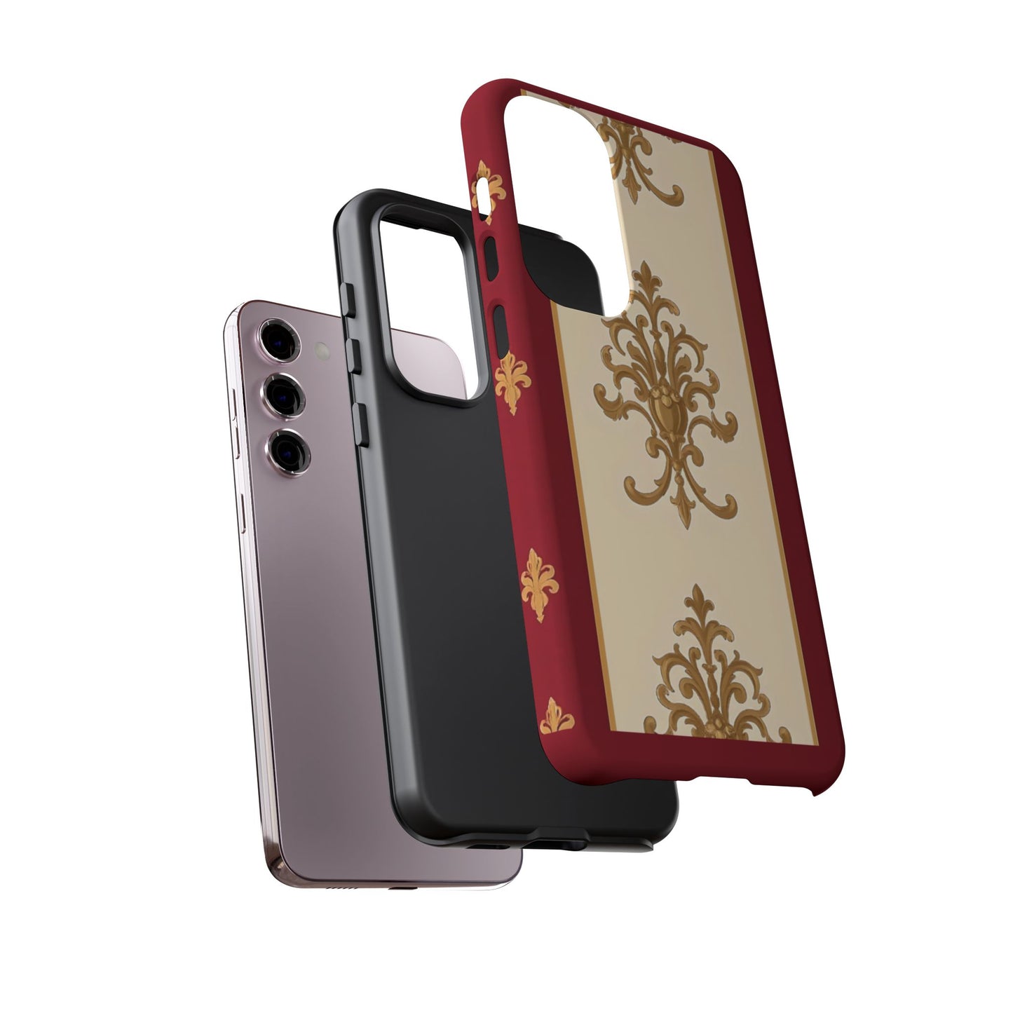 Elegant Floral Motif Phone Case - Tough Cases with Vintage Design - Dusk Red Striped Gold Damask