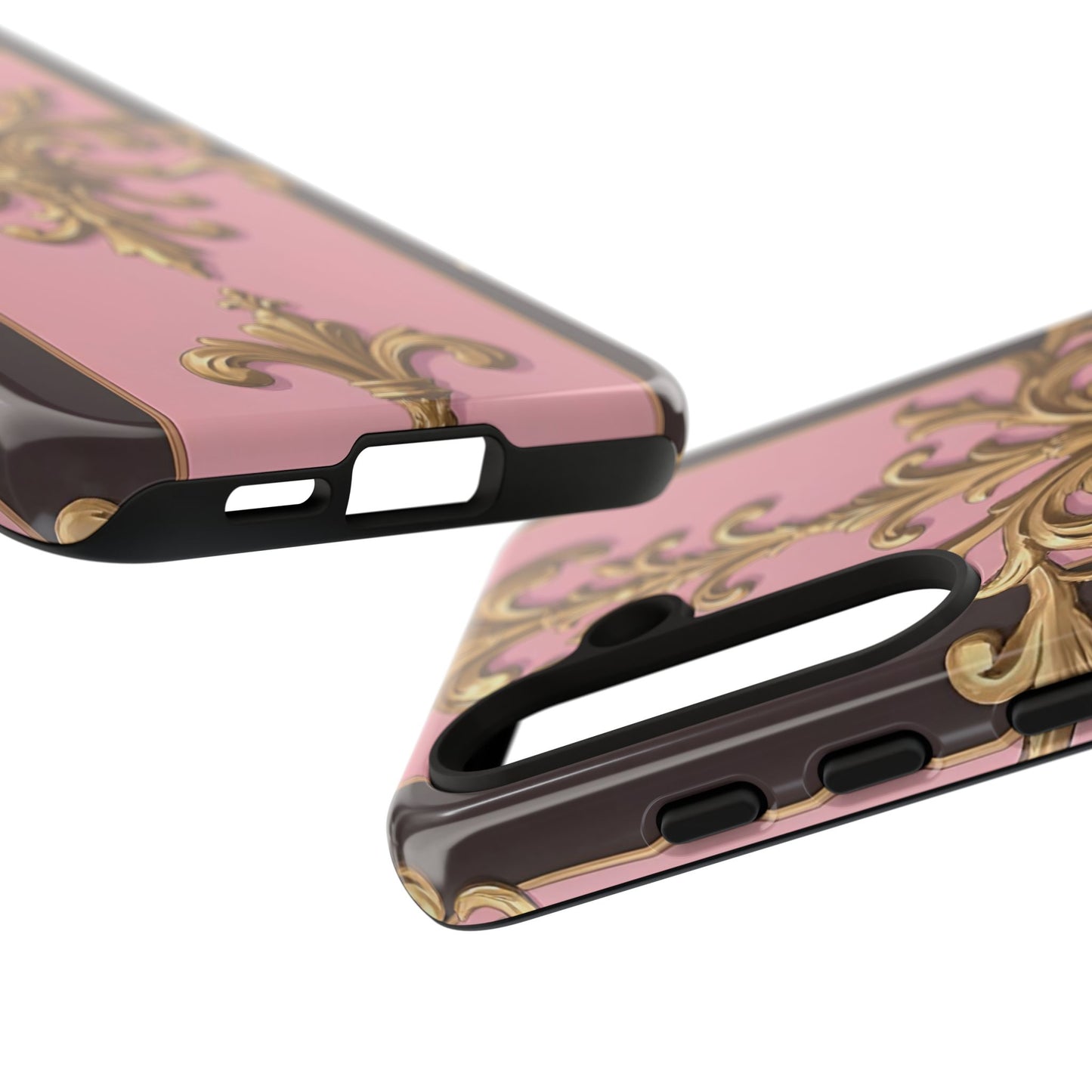 Elegant Floral Motif Phone Case - Tough Cases with Vintage Design - Pink & Brown Striped Gold Damask