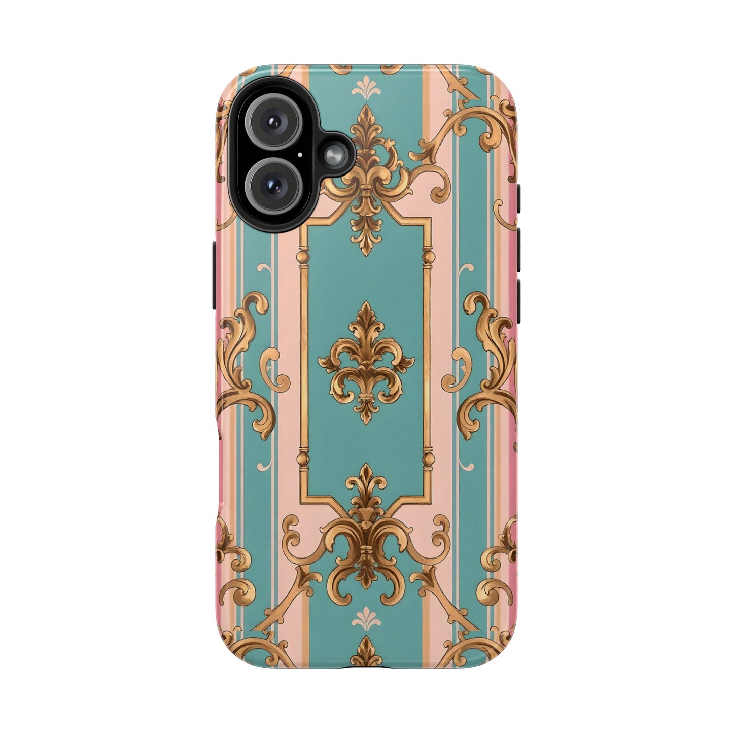 Elegant Floral Tough Phone Case, Artistic Phone Cover, Gift for Her, Chic Phone Accessory - Pink & Matte Turquoise Striped Rococo