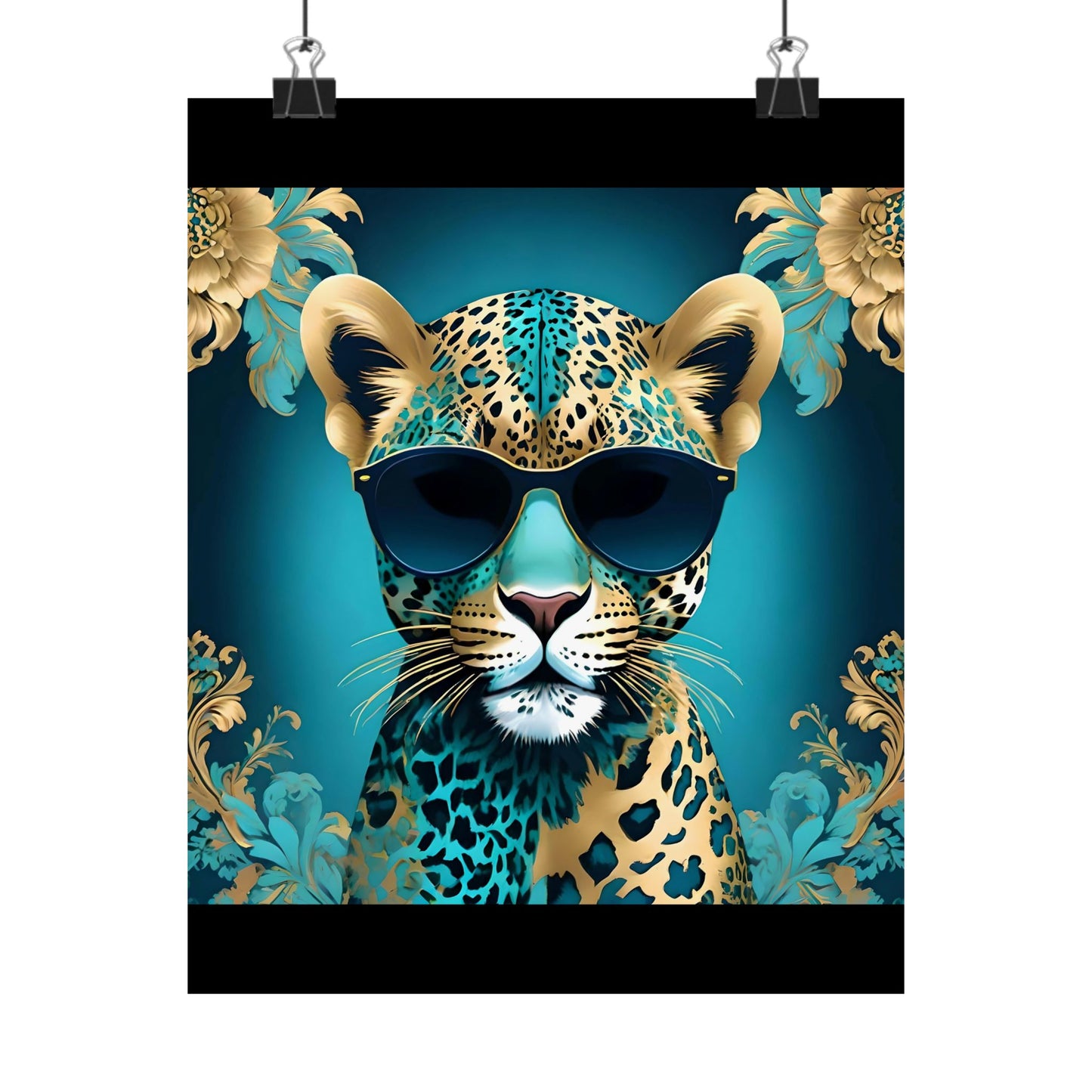 Vertical Wall Poster - Floral Motif Art - Aqua & Gold Leopard in Sunglasses