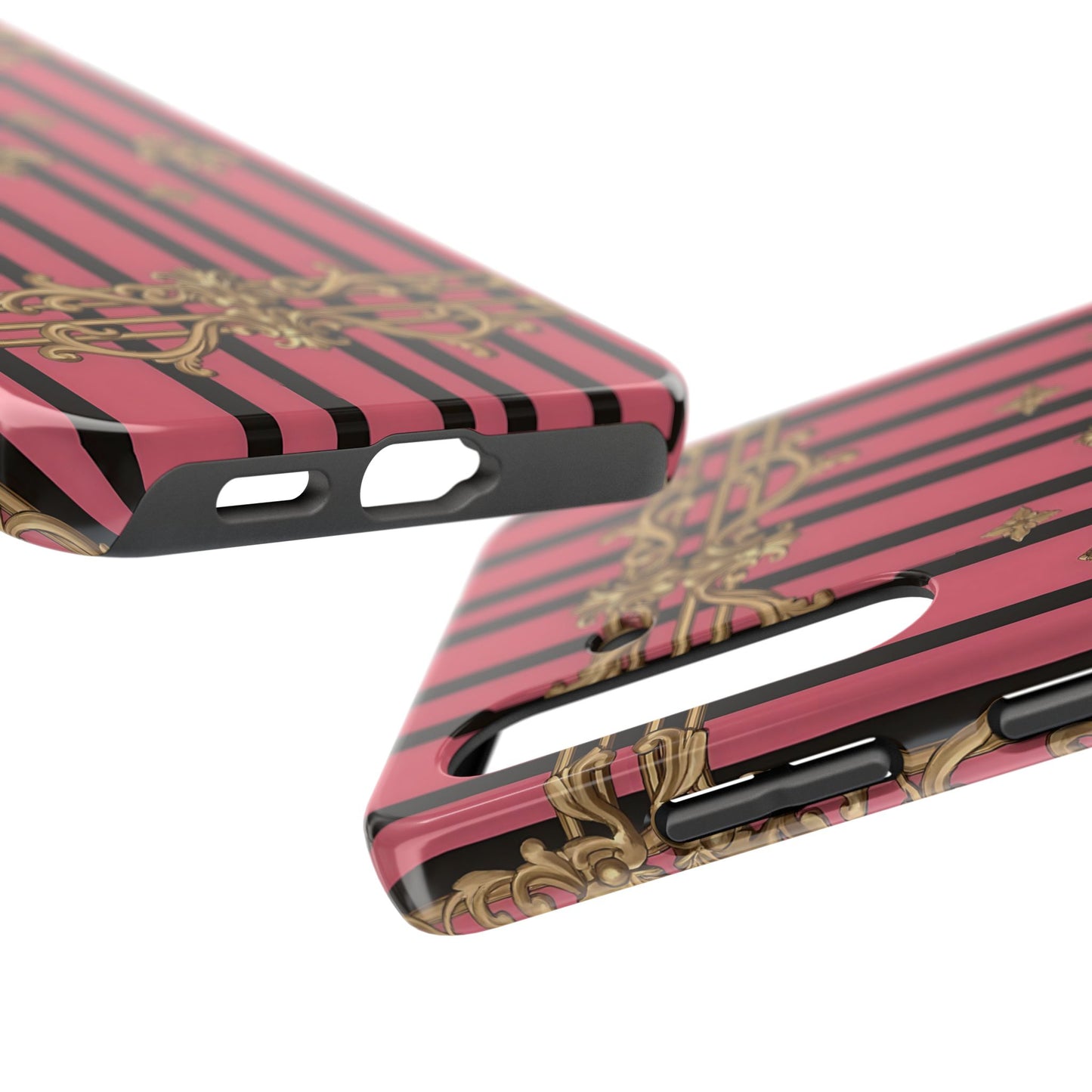 Elegant Floral Phone Cases, Stylish Protective Case for Trendy Individuals, Unique Gift for Tech Lovers, Phone Accessories - Pink Striped Gold Rococo