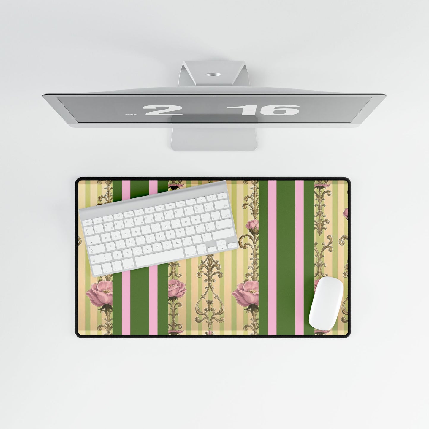 Elegant Floral Motif Desk Mat for Home Office Decor - Lime Green & Pink Striped Damask