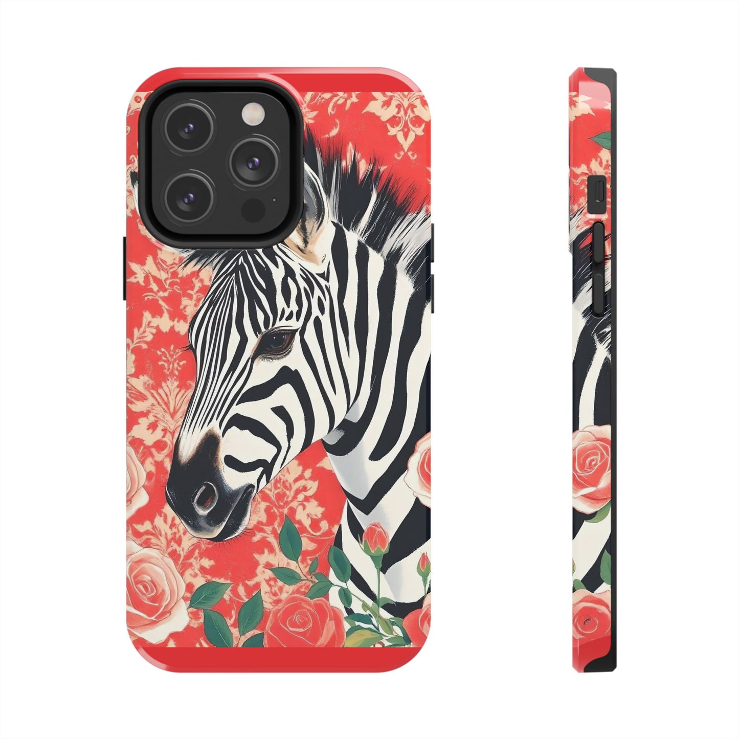 Zebra Tough Phone Case - Trendy Floral Design for Animal Lovers - Zebra With Coral Roses & Damask
