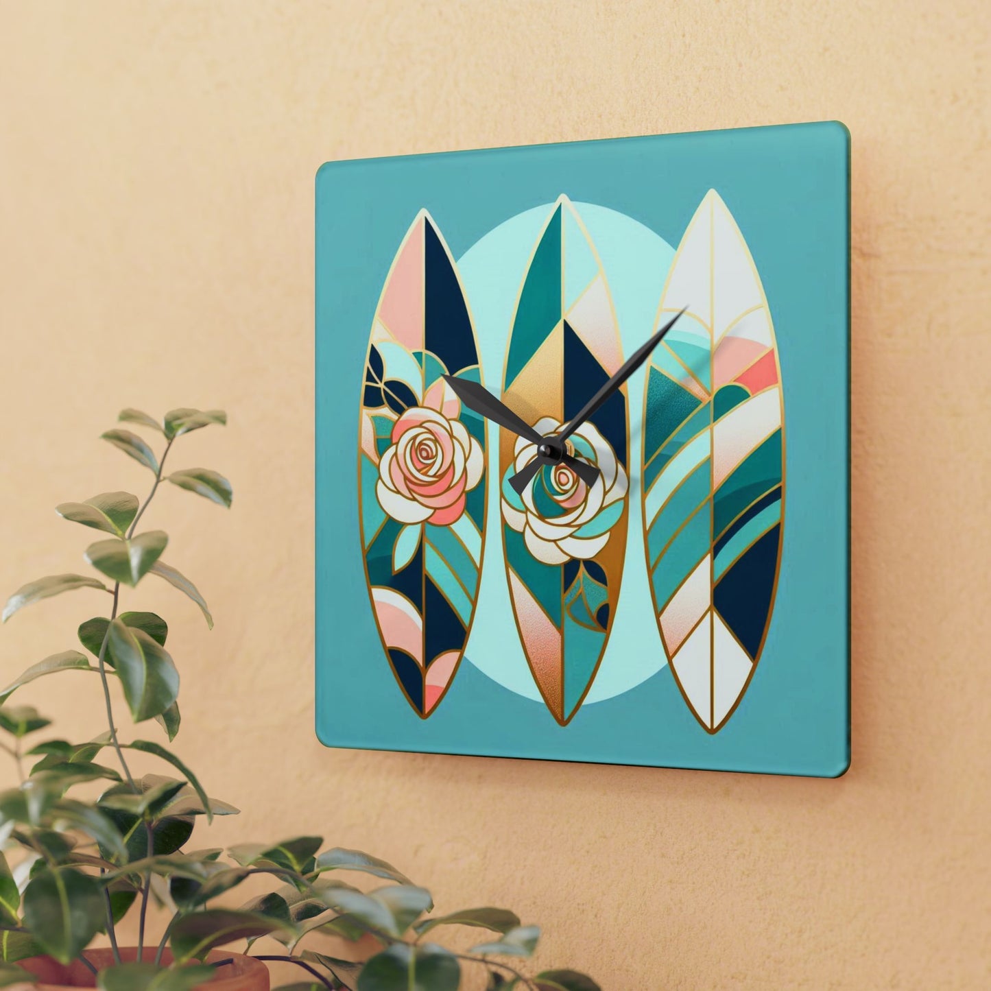 Bohemian Surf-Inspired Acrylic Wall Clock with Floral Design - Blue, Pink & Aqua Surfboard & Roses Design