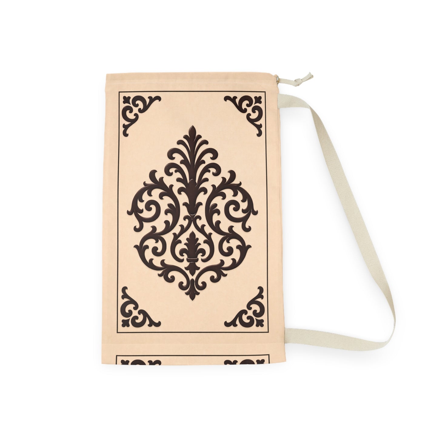 Almond-Beige & Brown Baroque Laundry Bag — Cotton Hamper Tote with Drawstring