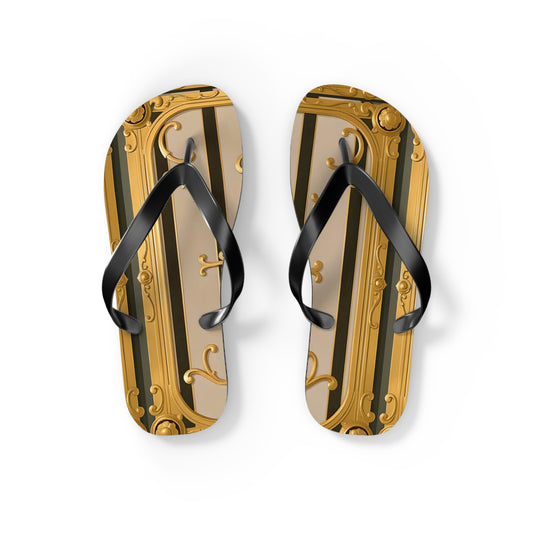 Elegant Golden Flip Flops, Summer Footwear, Beach Sandals, Vacation Essentials, Gift for Her - Beige Striped Gold Rococo