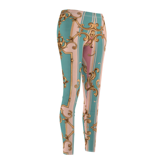 Elegant Floral Pattern Women's Casual Leggings, Chic Workout Leggings, Fashionable Athleisure - Pink & Matte Turquoise Striped Rococo