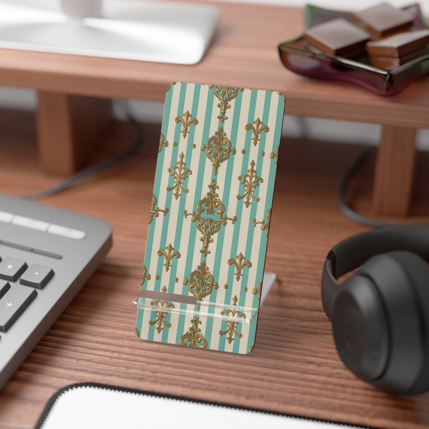 Elegant Smartphone Display Stand, Phone Holder, Decorative Mobile Stand, Desk Organizer - Matte Green Striped Rococo