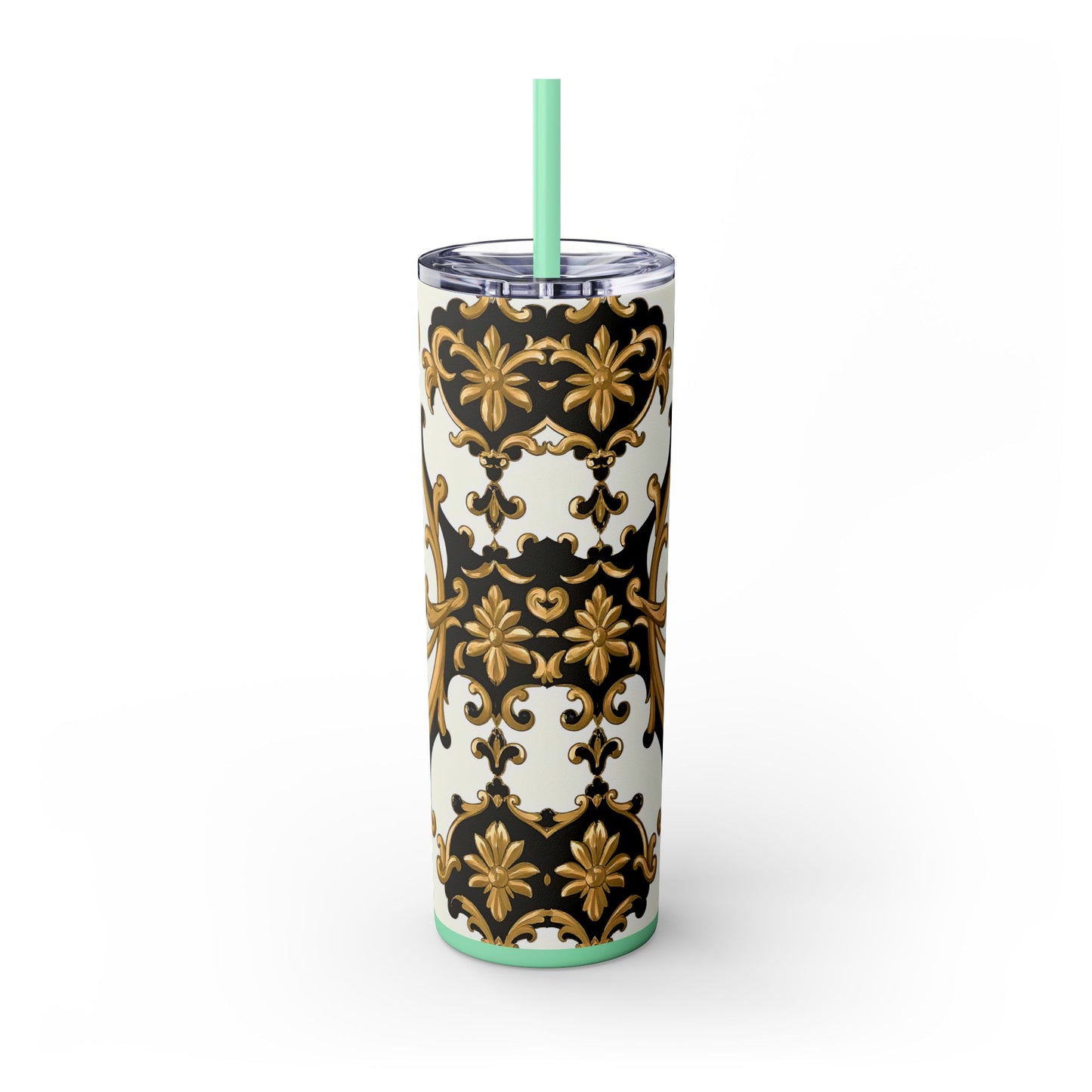 Elegant Gold Floral Skinny Tumbler, 20oz | Insulated Cup for Hot & Cold Drinks, Travel Mug, Gift for Mom, Stylish Drinkware - Black & Gold Rococo