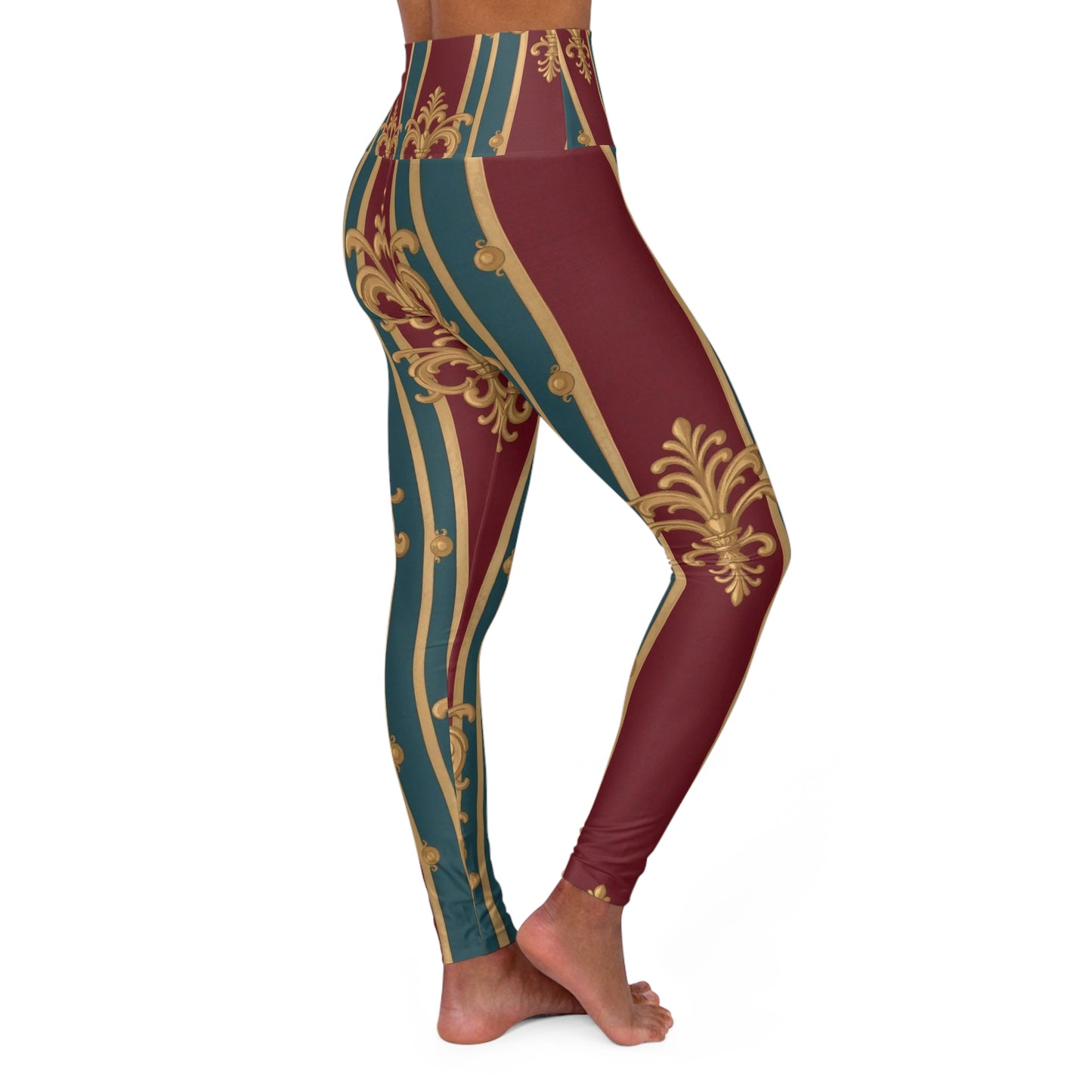 Elegant Patterned High Waisted Yoga Leggings, Stylish Activewear for Yoga, Fitness, and Everyday Comfort - Burgundy Striped Gold Baroque