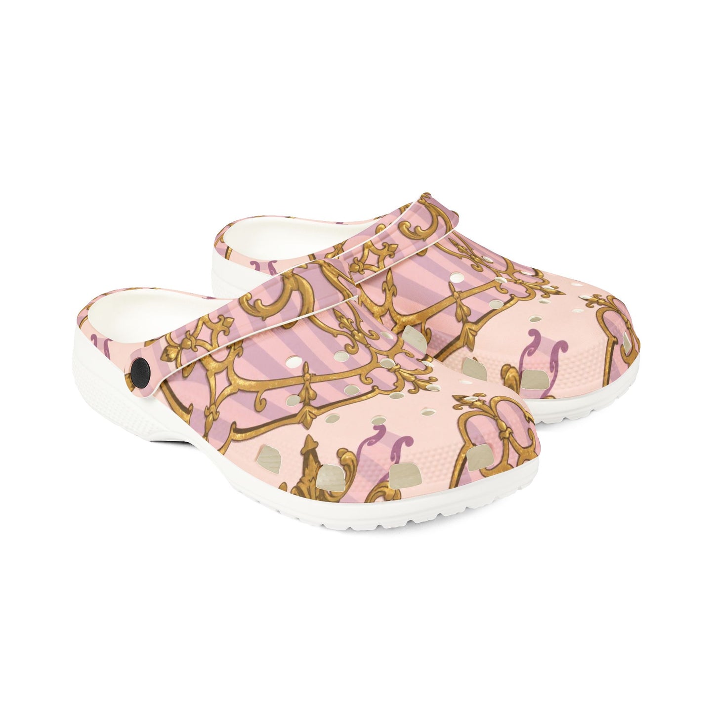 Chic Lavender & Alabaster Striped Gold Baroque Clogs for Comfort Lovers, Trendy Slip-On Shoes, Perfect for Home, or Casual Outings, Gift for Her