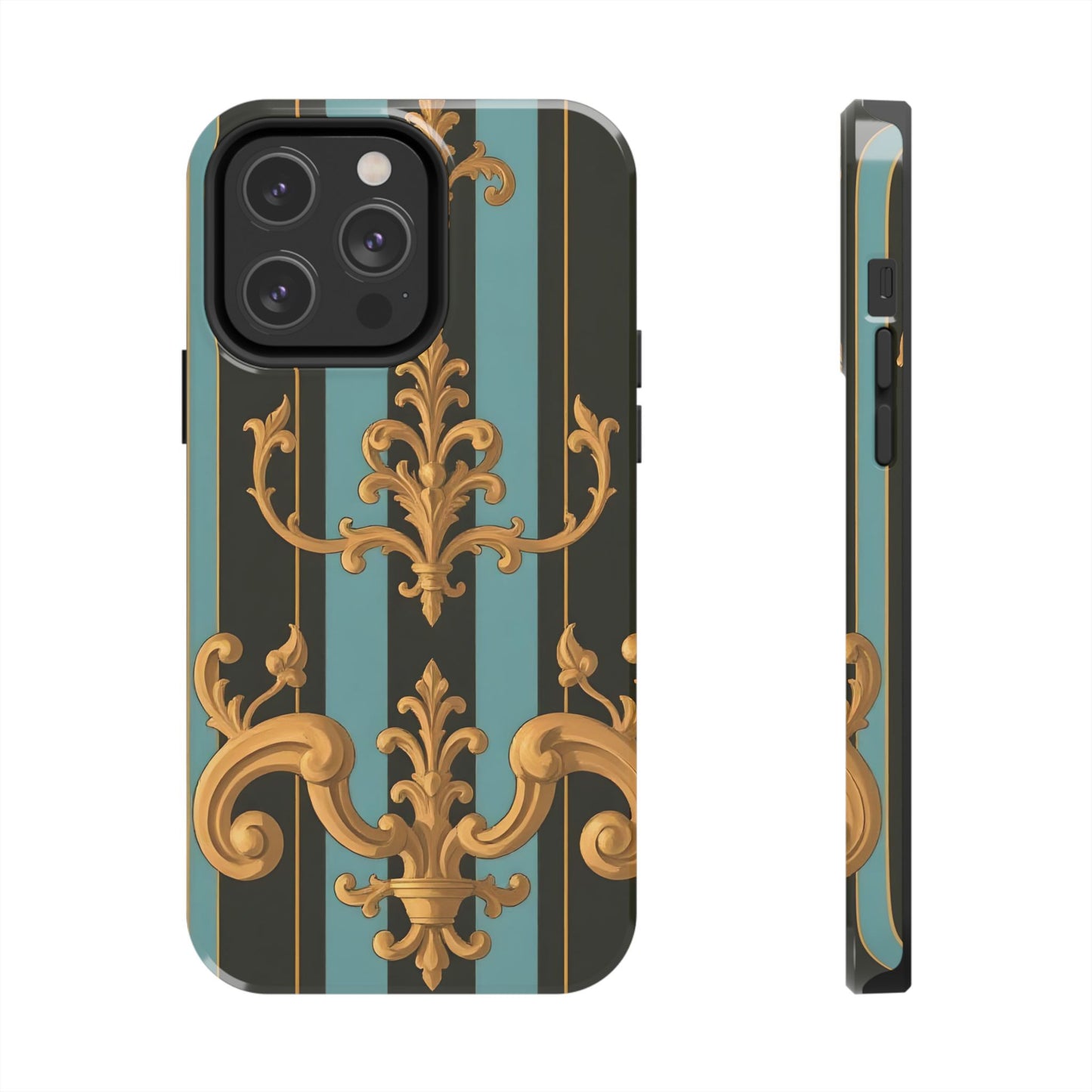 Elegant Baroque Tough Phone Case, Stylish Phone Cover, Durable iPhone Case, Unique Gift - Black & Turquoise Striped Baroque