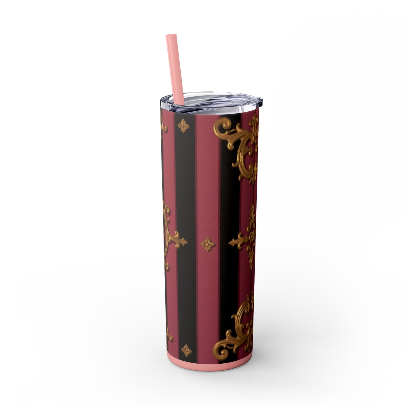 Elegant Black & Mauve Striped Gold Baroque Striped Skinny Tumbler with Straw, 20oz | Vintage Gold Accent Drinkware, Wedding Gift, Party Favor, Travel Mug