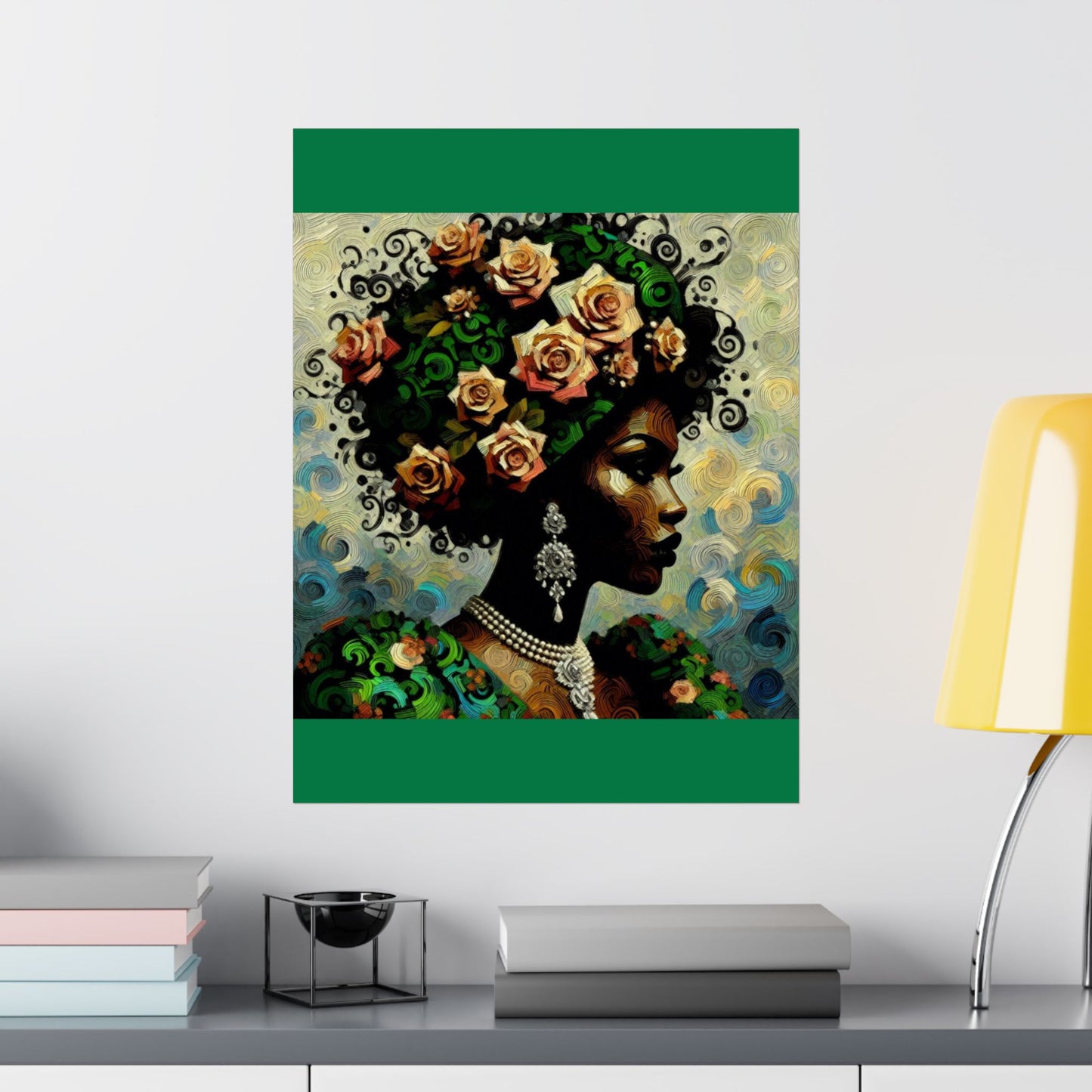 Floral Afro Art Poster - Elegant Matte Vertical Wall Decor - Lady In Green & Damask
