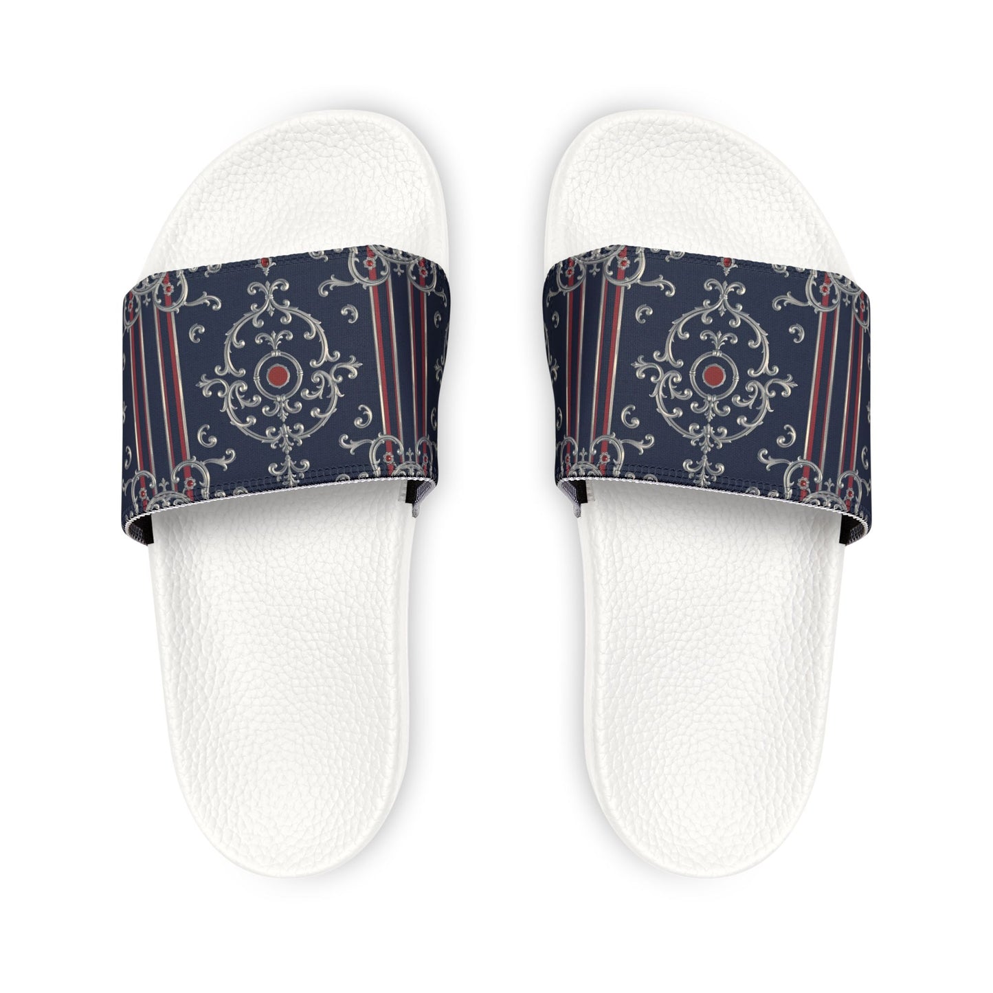 Stylish Women's Removable-Strap Sandals, Summer Footwear, Beach Slides, Casual Open-Toe Shoes - Blue & Red Striped Silver Baroque