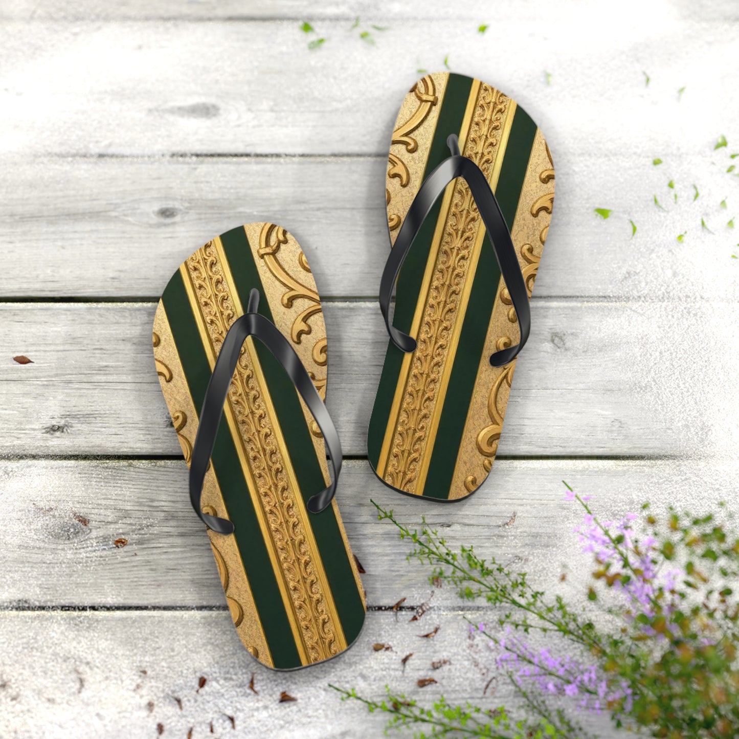 Elegant Teal Striped Gold Baroque Flip Flops, Summer Sandals, Beach Footwear, Vacation Essentials, Stylish Slippers, Poolside Accessories