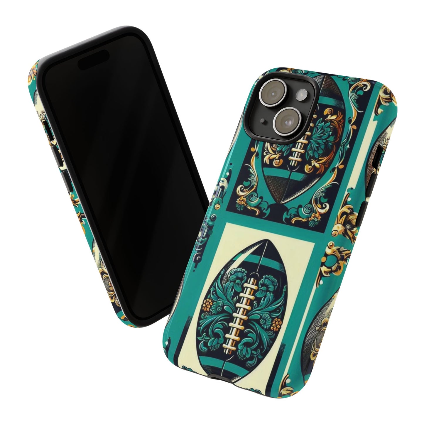 Elegant Floral Motif Phone Case - Tough Cases with Vintage Design -  Damask Teal, Gold & Black Footballs