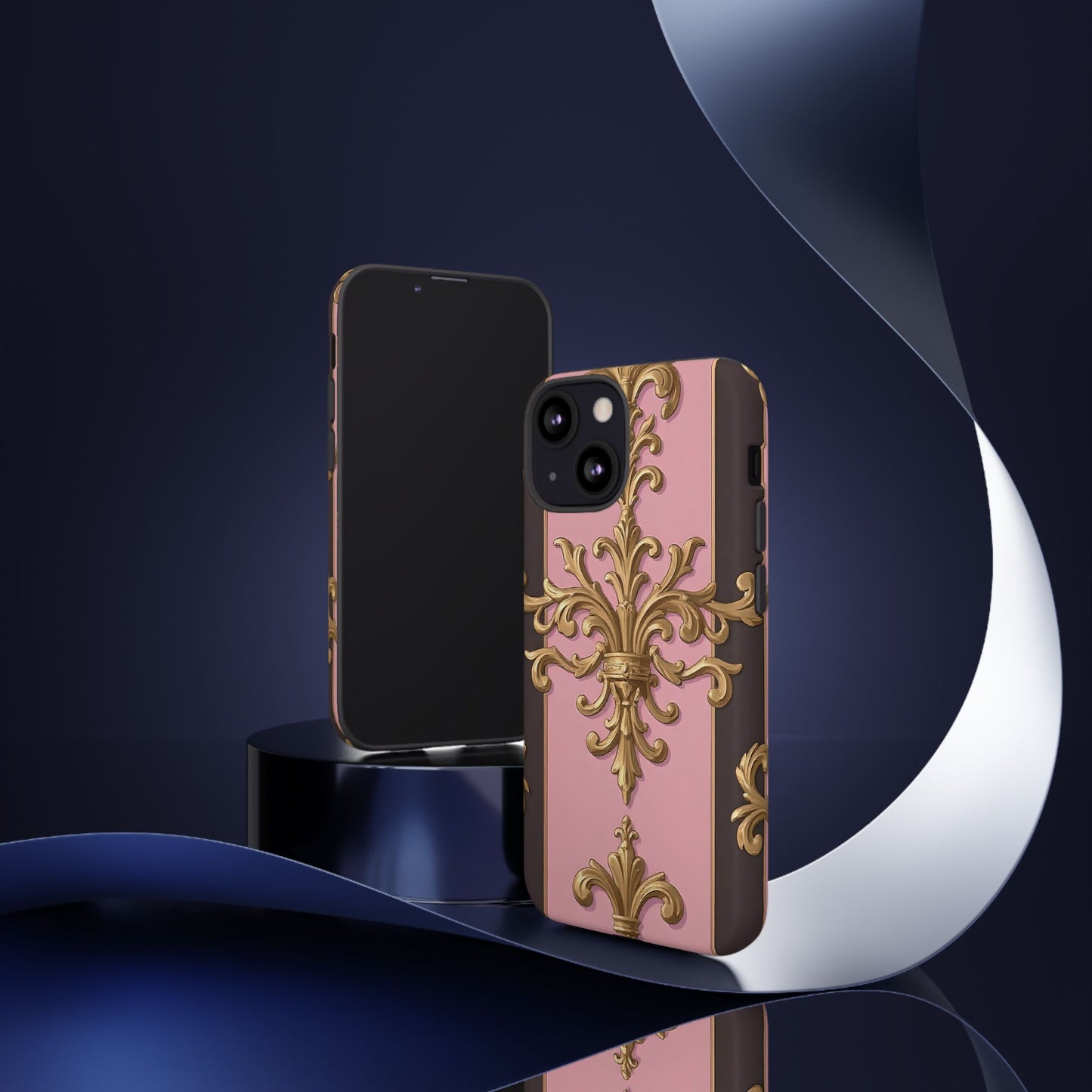 Elegant Floral Motif Phone Case - Tough Cases with Vintage Design - Pink & Brown Striped Gold Damask