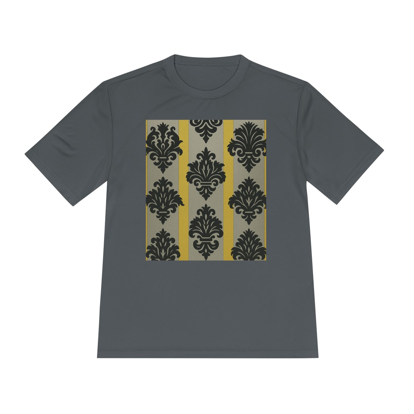 Elegant Patterned Unisex Moisture Wicking Tee, Activewear, Casual Tee, Gift for Him/Her, Stylish Sportswear - Silver & Gold Striped Black Baroque